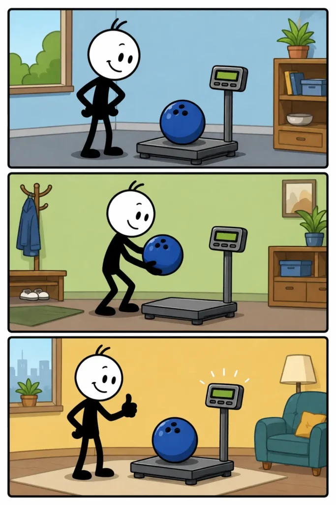 Strip over massa waarin een bowlingbal wordt gewogen, opgetild en opnieuw op een weegschaal wordt geplaatst.