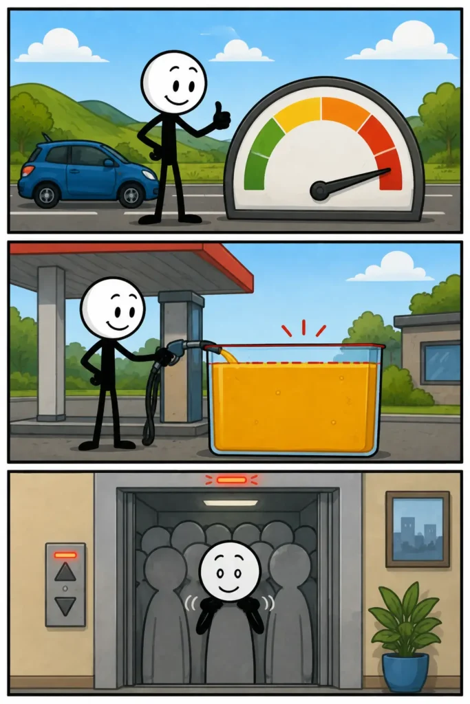 Maximum wordt uitgebeeld met een meter op de hoogste stand, een volledig gevulde tank en een lift die helemaal vol is.