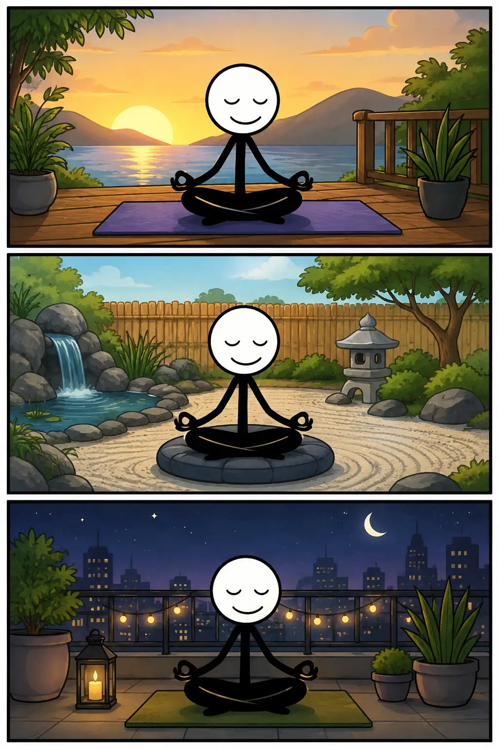Mediteren – Een kleurrijke Toonwords-strip met drie panelen waarin een stickman op verschillende rustige locaties mediteert. In het eerste paneel zit hij ontspannen bij een meer tijdens zonsopkomst, daarna in een serene Japanse rotstuin en tot slot op een balkon in de avond met uitzicht op een verlichte stad. De afbeelding straalt rust, concentratie en innerlijke balans uit.