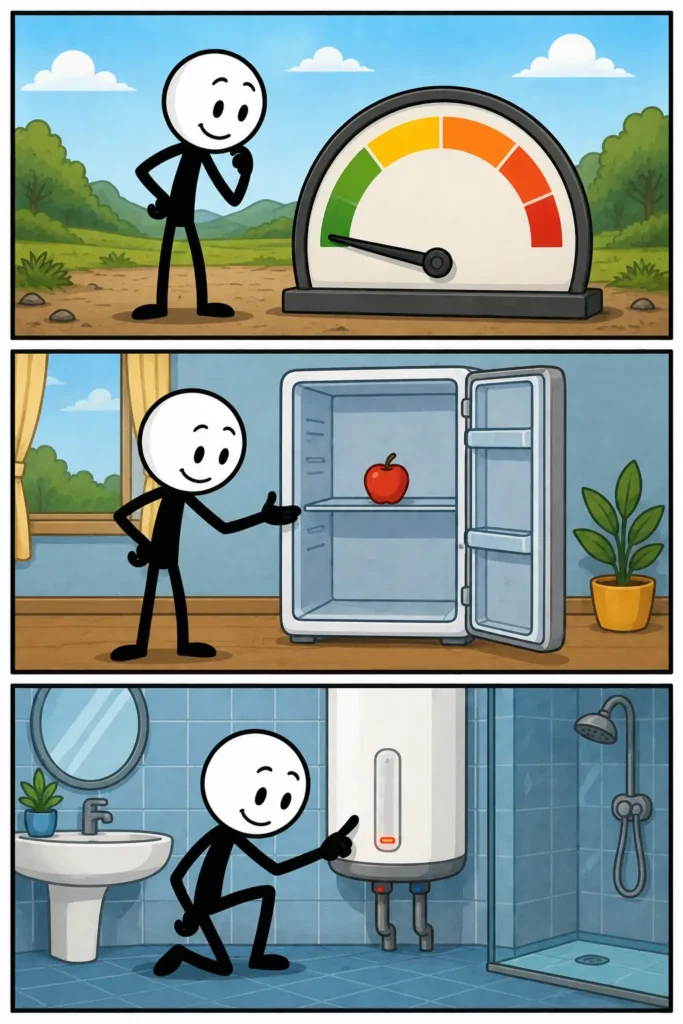 Minimum wordt uitgebeeld met een meter op de laagste stand, een bijna lege koelkast en een apparaat op de laagste instelling.