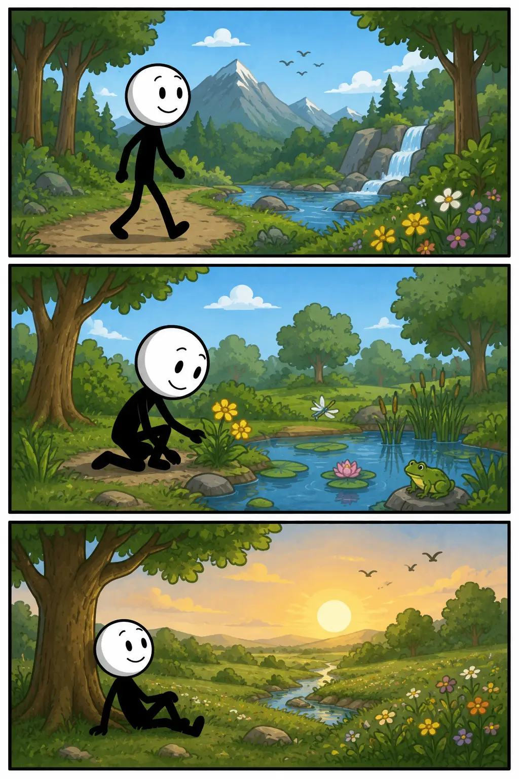 Strip over natuur met een wandeling door de bergen, een ontdekking bij een vijver en een rustig moment in een groene vallei.
