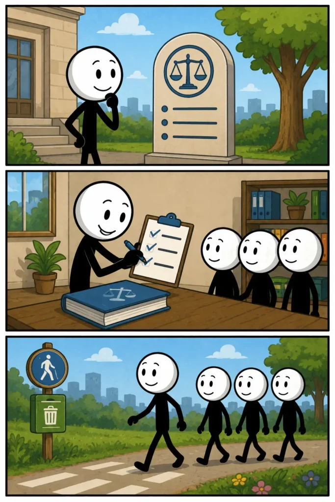 Strip over norm waarin gezamenlijke regels worden bekeken, besproken en vervolgens door een groep in de praktijk worden gevolgd.