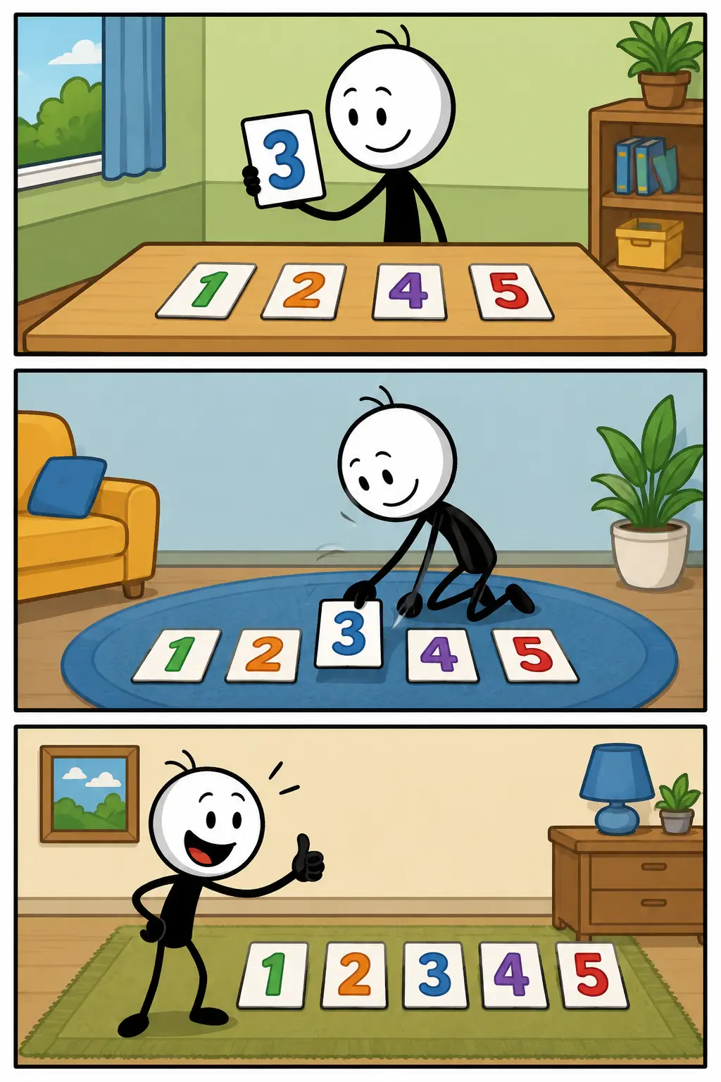 Een vrolijke strip over nummer waarin een figuur gekleurde cijferkaarten bekijkt, het ontbrekende cijfer drie op zijn plaats legt en daarna tevreden naar de complete nummerreeks van één tot en met vijf kijkt.