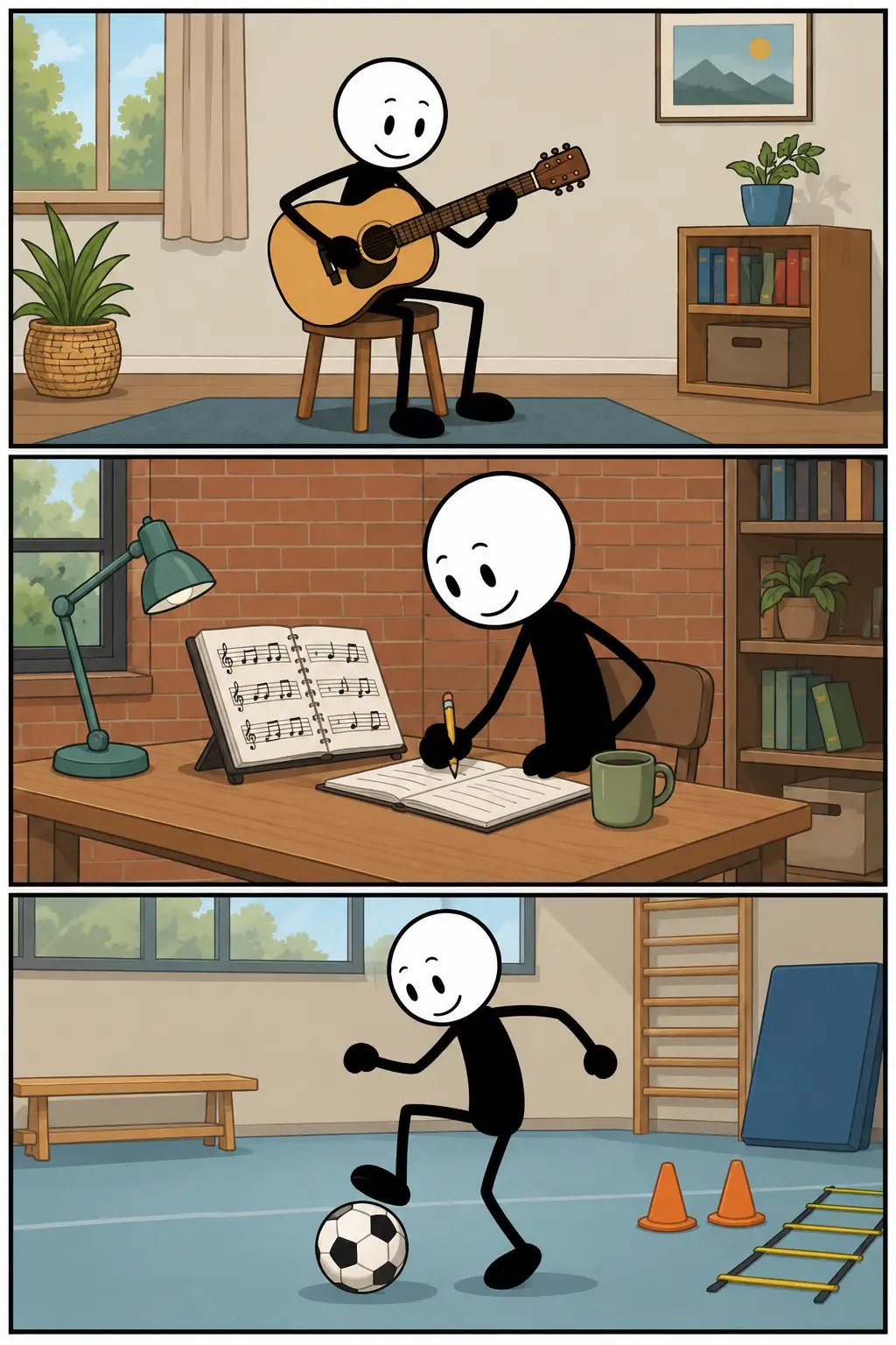 Een kleurrijke Toonwords-strip met drie panelen waarin een vrolijke stickman verschillende vaardigheden aan het oefenen is. Het Nederlandse woord 'Oefenen' staat centraal terwijl muziek, studie en sport laten zien dat herhaling helpt om ergens beter in te worden.
