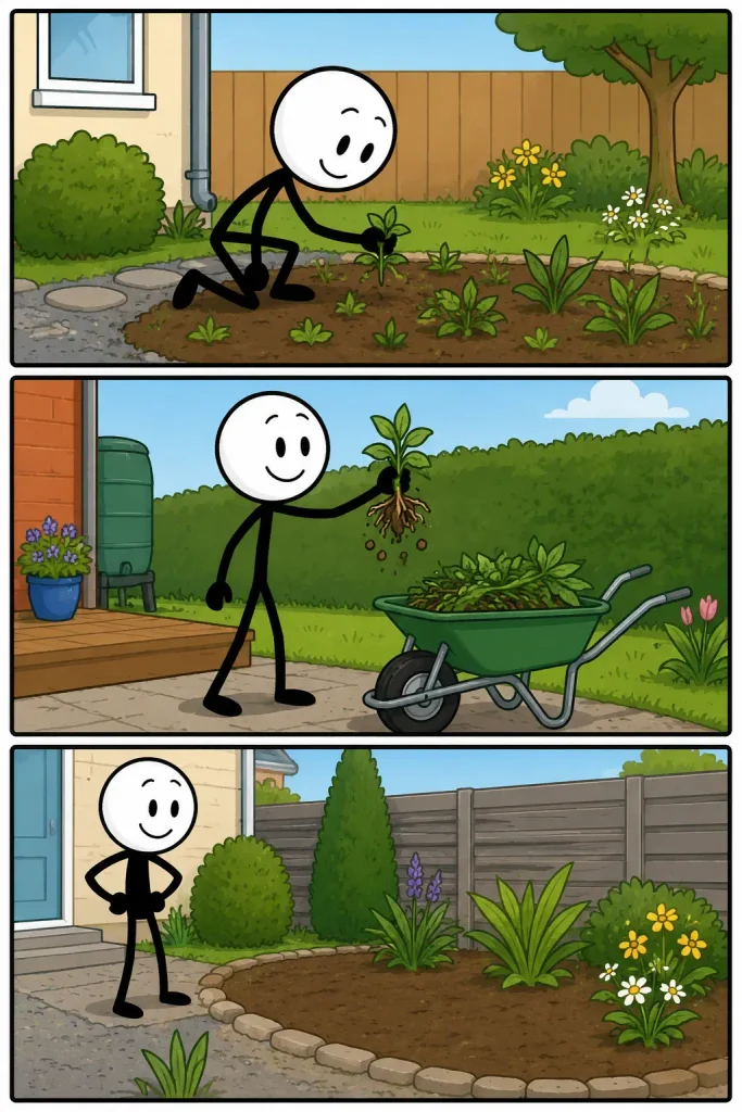 Een driedelige strip over onkruid: ongewenste planten groeien tussen de tuinplanten, worden met wortel verwijderd en afgevoerd, waarna een verzorgde tuin overblijft.