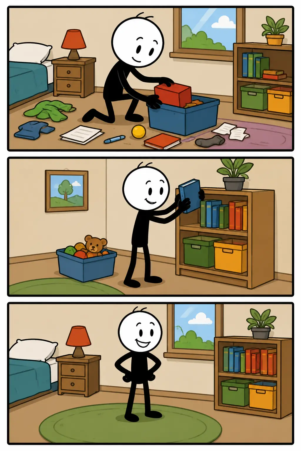 Een strip in drie panelen over opruimen: een figuur verzamelt losse spullen in een slaapkamer, zet boeken en opbergdozen netjes op hun plek en bekijkt daarna tevreden de opgeruimde kamer.