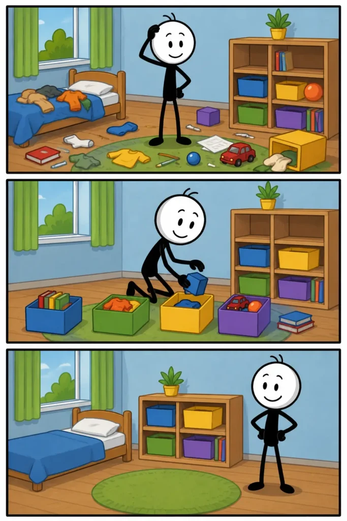 Een kleurrijke strip over orde waarin een rommelige kamer stap voor stap wordt opgeruimd, spullen worden gesorteerd en alles uiteindelijk netjes op zijn vaste plaats staat.