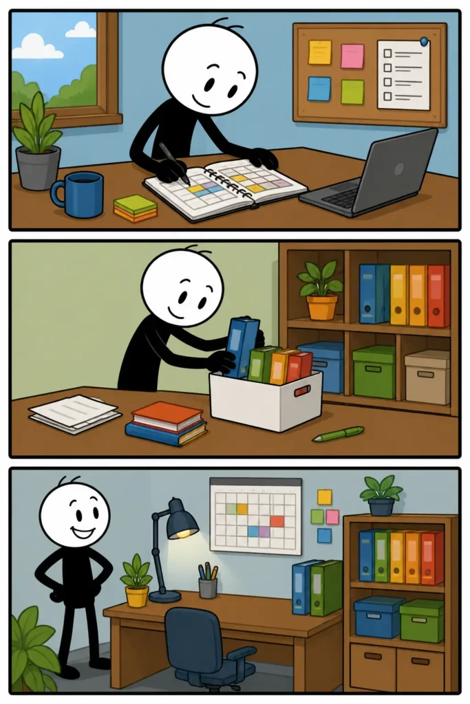 Een strip in drie panelen over organiseren: een figuur maakt een planning aan een bureau, sorteert mappen en materialen in een kast en bekijkt daarna tevreden de overzichtelijke werkplek.