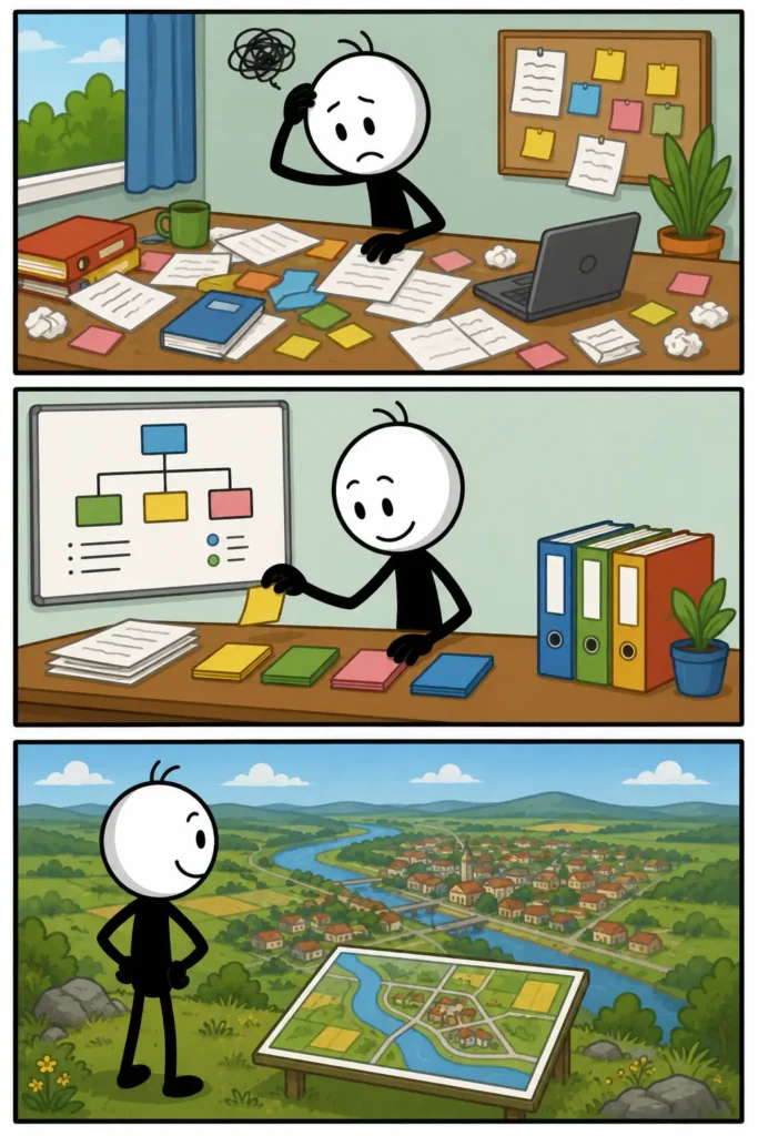 Een kleurrijke strip over overzicht waarin veel losse informatie eerst verwarrend is, daarna logisch wordt geordend en uiteindelijk als duidelijk geheel vanuit een breder perspectief kan worden bekeken.