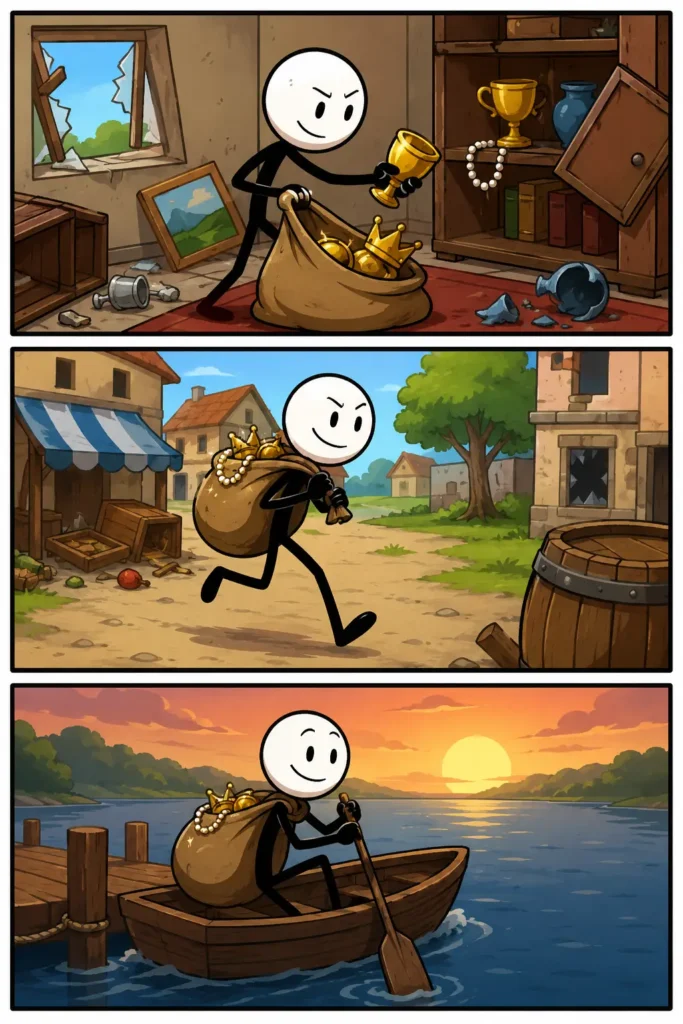 Plundering: een strip in drie panelen waarin een stickman waardevolle spullen uit een gebouw meeneemt, met een zware buit wegrent en uiteindelijk per roeiboot ontsnapt over het water.