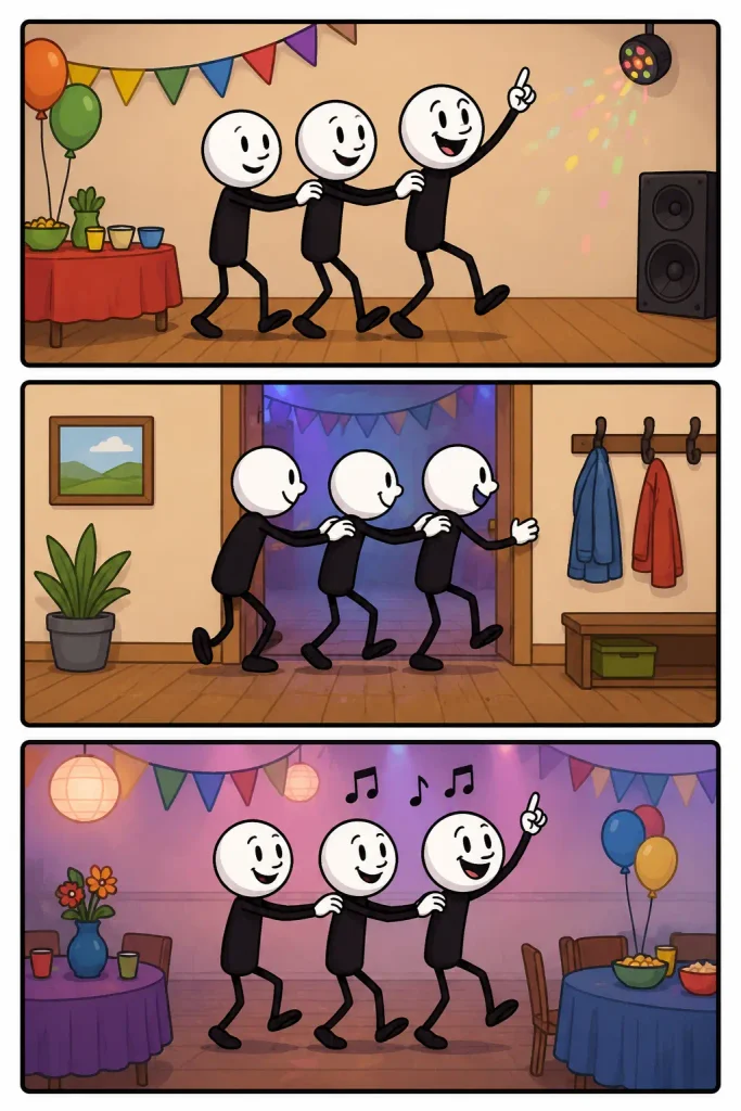 Een vrolijke polonaise trekt in drie momenten door verschillende feestelijke ruimtes, waarbij de deelnemers achter elkaar dansen met hun handen op elkaars schouders.