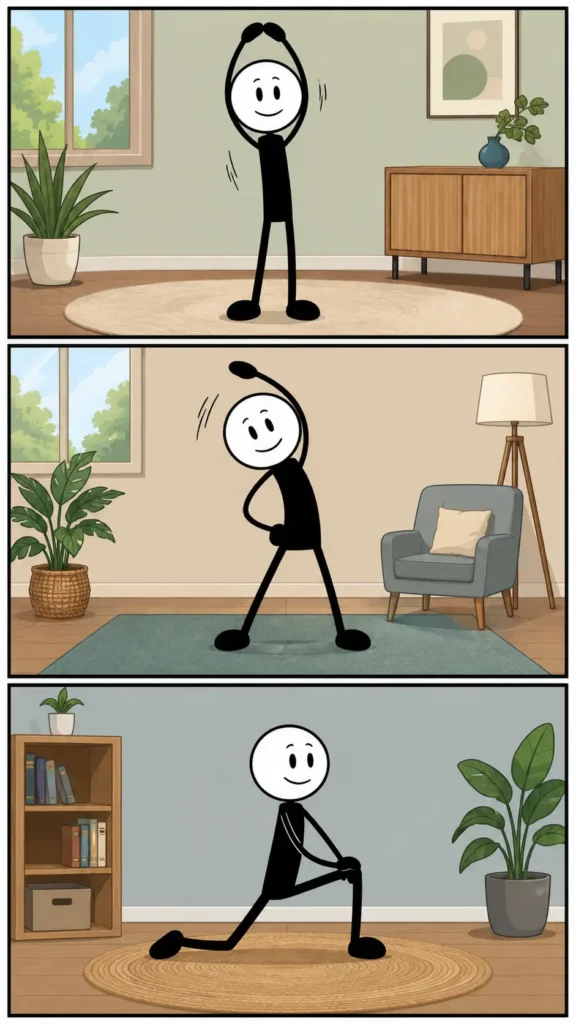 Een kleurrijke Toonwords-strip met drie panelen waarin een vrolijke stickman verschillende rekoefeningen doet om het lichaam soepel te maken in een huiselijke omgeving. Het Nederlandse woord 'Rekken' past bij iedere stap van de beweging.