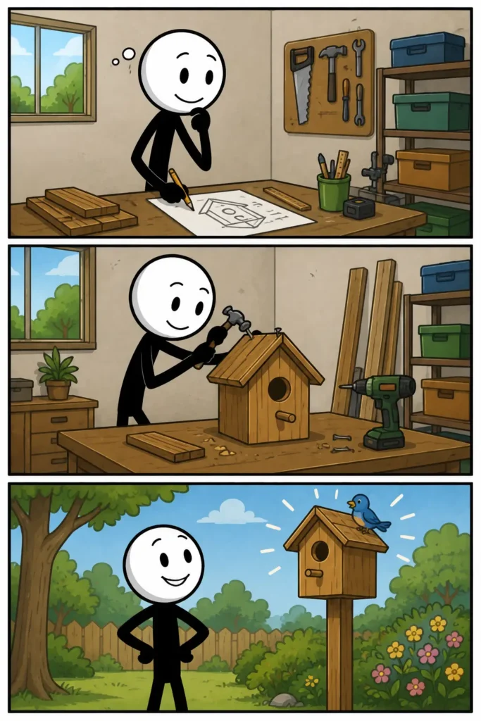 Strip over resultaat waarin een vogelhuisje wordt ontworpen, gebouwd en uiteindelijk succesvol in de tuin wordt gebruikt door een vogel.