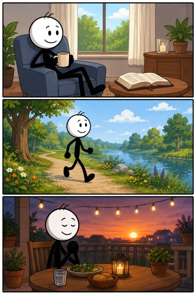 Strip over Sabbat met een rustig moment thuis, een ontspannen wandeling door de natuur en een vredige maaltijd bij zonsondergang.