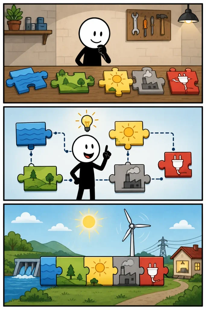 Samenhang uitgebeeld door losse puzzelstukken die stap voor stap met elkaar worden verbonden en uiteindelijk één werkend energiesysteem vormen.