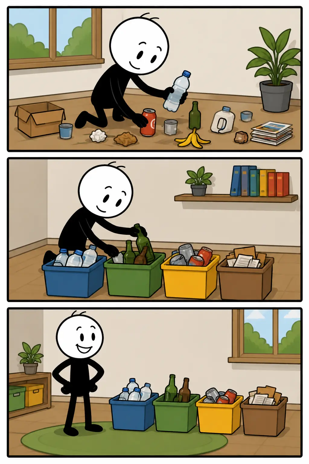 Een strip in drie panelen over sorteren: een figuur verzamelt verschillende soorten afval, verdeelt alles zorgvuldig over aparte bakken en bekijkt daarna tevreden het overzichtelijk gesorteerde resultaat.