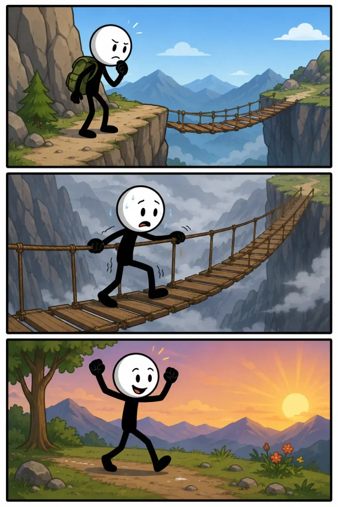 Strip over Spanning waarin een wandelaar voor een hoge touwbrug staat, deze voorzichtig oversteekt en daarna opgelucht verdergaat.