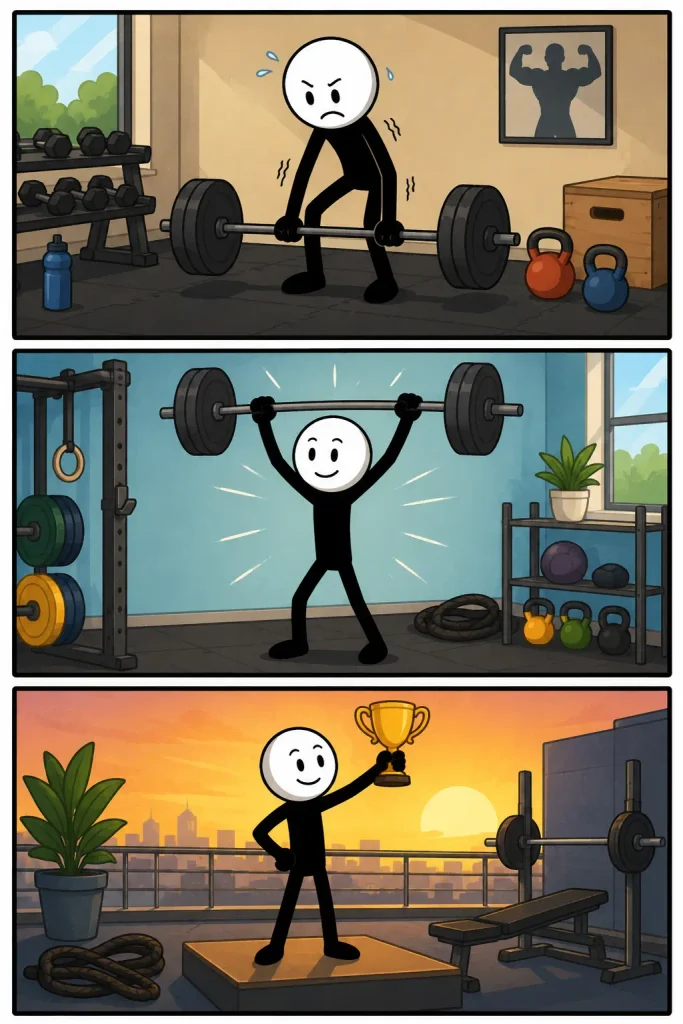 Strip over Sterkte waarin iemand met grote inspanning een zware halter optilt, deze boven het hoofd houdt en trots het resultaat viert.