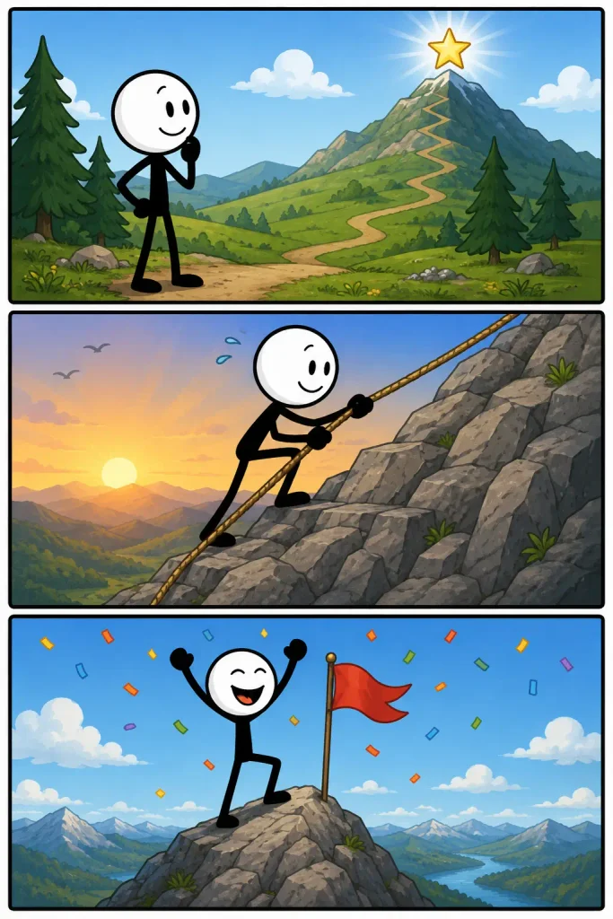 Een driedelige strip over succes: een doel op een bergtop wordt gekozen, de zware klim wordt volgehouden en bovenaan volgt een vrolijke overwinning.