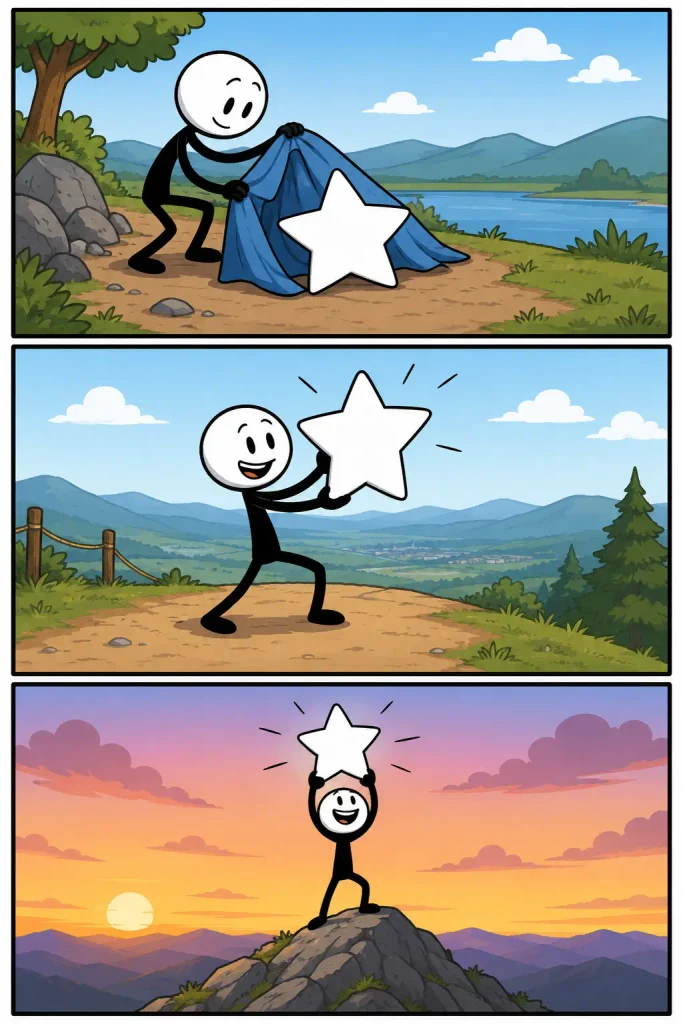 Een driedelige strip over het woord Symbool, waarin een figuur een witte ster ontdekt, meeneemt en uiteindelijk trots omhooghoudt als betekenisvol teken.
