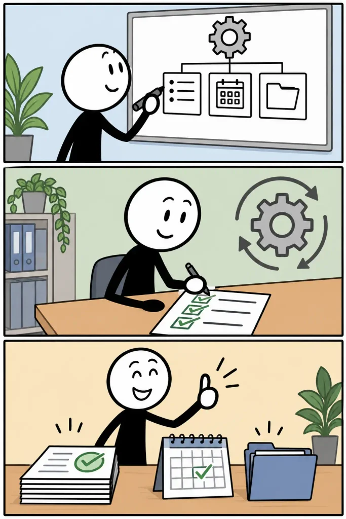 Strip over systeem waarin een samenhangende werkwijze wordt gepland, stap voor stap uitgevoerd en uiteindelijk tot een georganiseerd resultaat leidt.