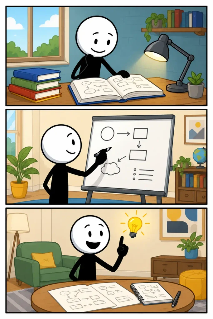 Strip over theorie waarin een persoon informatie bestudeert, ideeën ordent in een schema en uiteindelijk tot een helder inzicht komt.