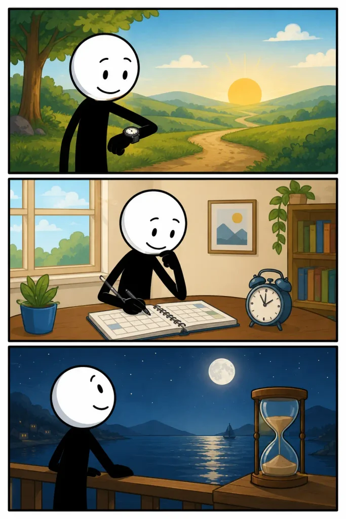 Strip over tijd waarin de ochtend begint met een blik op een horloge, overdag activiteiten worden gepland en de avond eindigt bij een zandloper onder de maan.