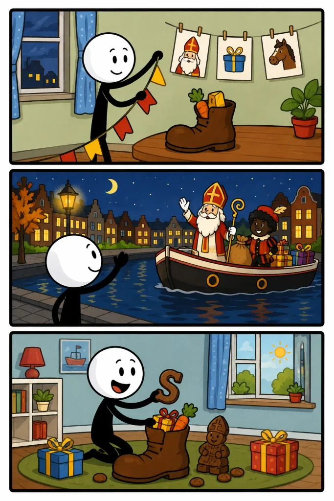 Een kleurrijke strip over traditie waarin een feestelijke gewoonte rond Sinterklaas terugkeert: voorbereidingen met een schoen, de feestelijke aankomst en het uitpakken van cadeautjes.