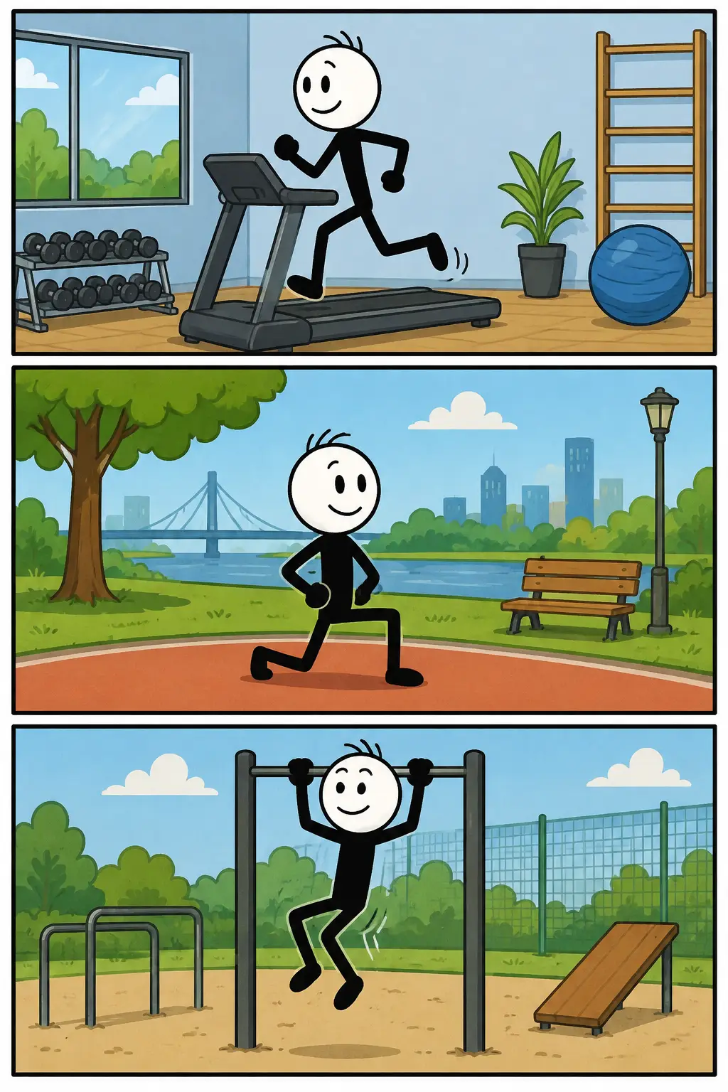 Trainen: een kleurrijke strip met drie panelen waarin een stickman achtereenvolgens op een loopband rent in een sportschool, een lunge-oefening doet in een park en optrekt aan een rek in een buitensportomgeving, met een vrolijke en gemotiveerde uitstraling.