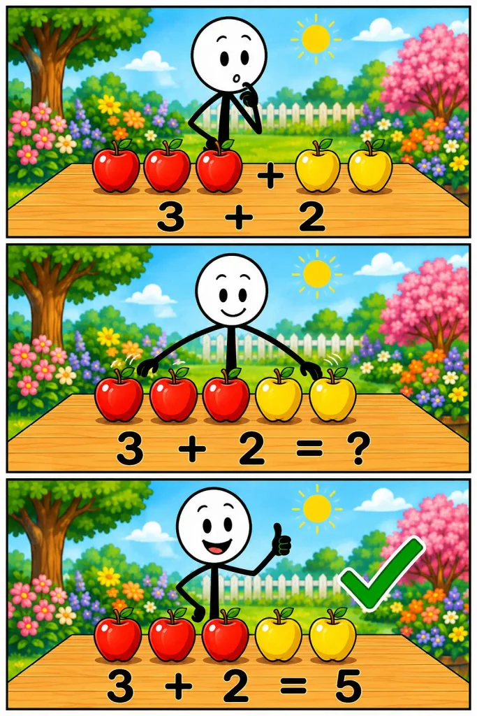 Een vrolijke strip in drie panelen over de uitkomst van een rekensom: drie rode appels plus twee gele appels vormen samen vijf appels.