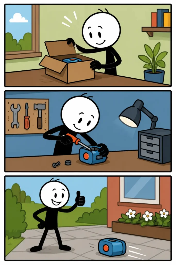 Een strip in drie panelen over uitproberen: een figuur opent nieuwsgierig een doos met een nieuw apparaat, zet het zorgvuldig in elkaar op een werkbank en test het daarna buiten met een tevreden glimlach wanneer alles goed werkt.