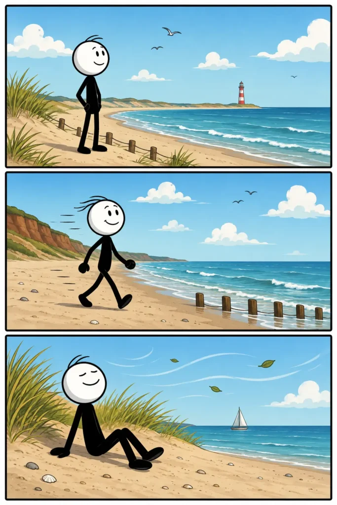 Uitwaaien op het strand: een stripafbeelding met drie panelen waarin een stickman geniet van een frisse wandeling langs de kust, de zeewind ervaart en daarna ontspannen uitrust tussen de duinen onder een heldere lucht.