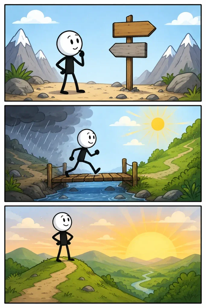 Verandering uitgebeeld in drie momenten: eerst staat een persoon nadenkend bij een splitsing in een berglandschap, daarna steekt hij een brug over van regenachtig naar zonnig terrein en uiteindelijk kijkt hij tevreden vanaf een groene heuvel uit over een nieuw landschap.