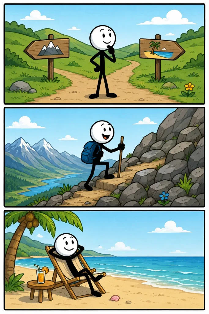 Een strip over verschil waarin een keuze tussen bergen en strand wordt gevolgd door een actieve bergwandeling en ontspannen rust aan zee.