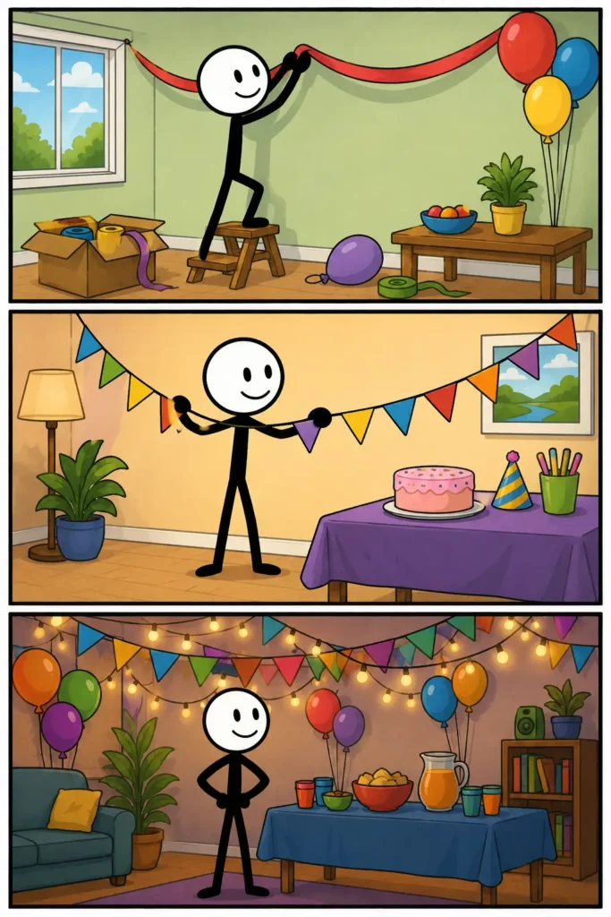 Versieren – Een kleurrijke Toonwords-strip met drie panelen waarin een stickman stap voor stap een kamer feestelijk versiert. Eerst hangt hij een slinger op, daarna brengt hij kleurrijke vlaggetjes aan boven een tafel met een taart en als laatste bewondert hij trots de volledig versierde ruimte met ballonnen, verlichting en feestdecoratie.