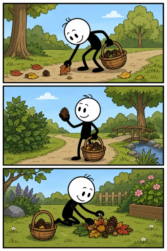 Een kleurrijke Toonwords-strip in drie panelen over verzamelen. In het eerste paneel worden bladeren en dennenappels opgeraapt, in het tweede paneel wordt de verzameling uitgebreid met meer vondsten uit de natuur en in het derde paneel worden alle verzamelde spullen netjes bij elkaar gelegd in een groene tuinachtige omgeving.
