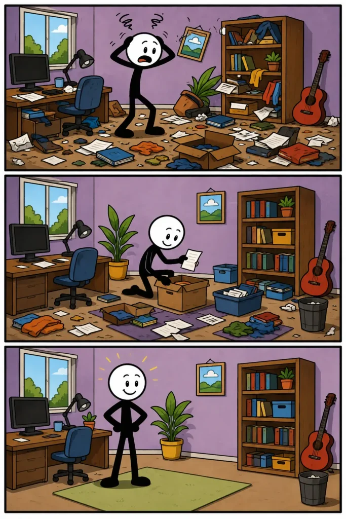 Een kleurrijke strip over chaos waarin wanorde, verwarring en een gebrek aan overzicht op een speelse manier worden uitgebeeld.