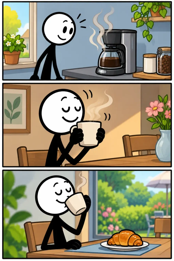 Strip over aroma: verse koffie verspreidt een aangename geur, waarna iemand genietend aan een warme kop ruikt en vervolgens ontspannen koffie drinkt met een croissant erbij.