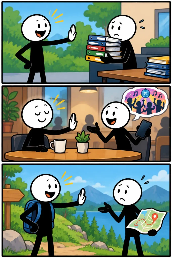 Strip met drie kleurrijke panelen over assertiviteit. Een stickman met een witte kop en zwart lichaam wijst vriendelijk extra werk af, slaat een uitnodiging voor een feestje over en houdt tijdens een bergwandeling vast aan zijn eigen route. Met een glimlach en een opgeheven hand laat hij zien hoe je op een positieve manier je grenzen aangeeft.