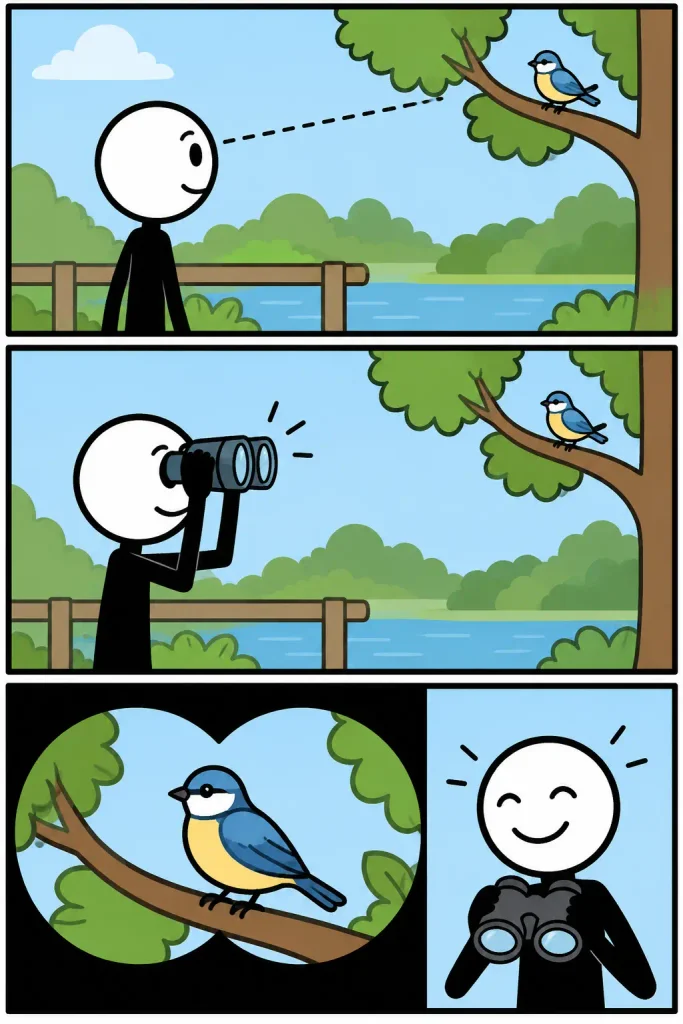 Bekijken: Een persoon ziet een vogel in een boom, pakt een verrekijker om hem aandachtig te bekijken en reageert daarna enthousiast op wat hij heeft waargenomen.