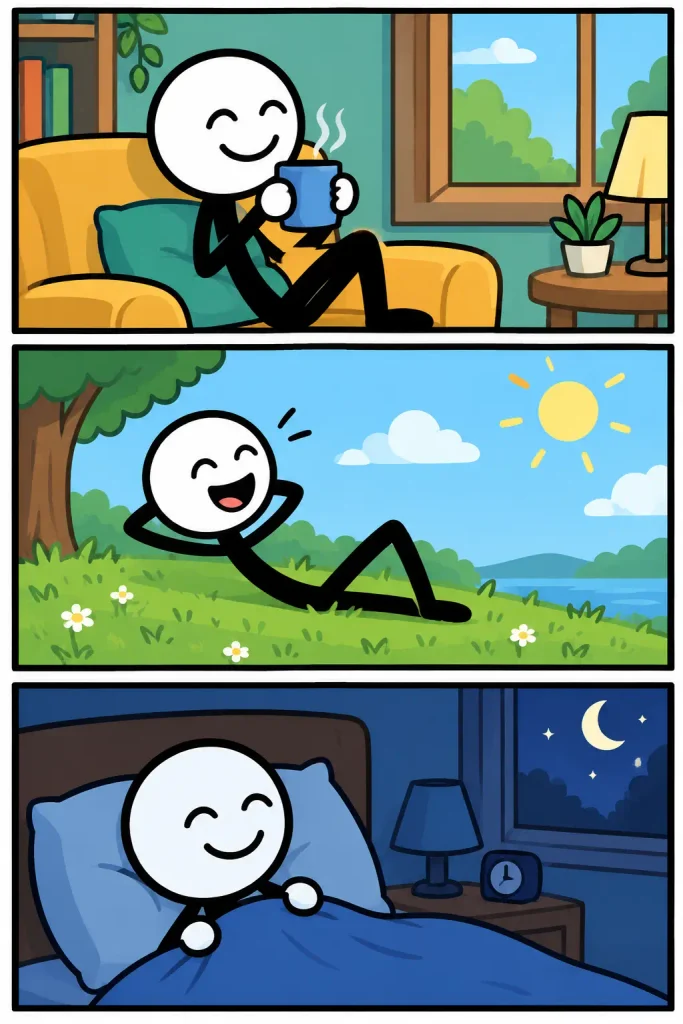 Strip met drie kleurrijke panelen over een binnenpretje: een vrolijk figuurtje geniet eerst ontspannen met een warme drank, ligt daarna zichtbaar geamuseerd in het gras en sluit de dag tevreden en glimlachend af in bed.