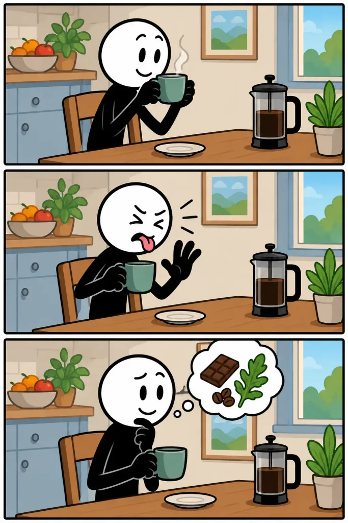 Bitter: een figuur proeft in de keuken een kop donkere koffie, reageert met een sterke grimas op de bittere smaak en denkt daarna aan chocolade, koffiebonen en groene bladeren.