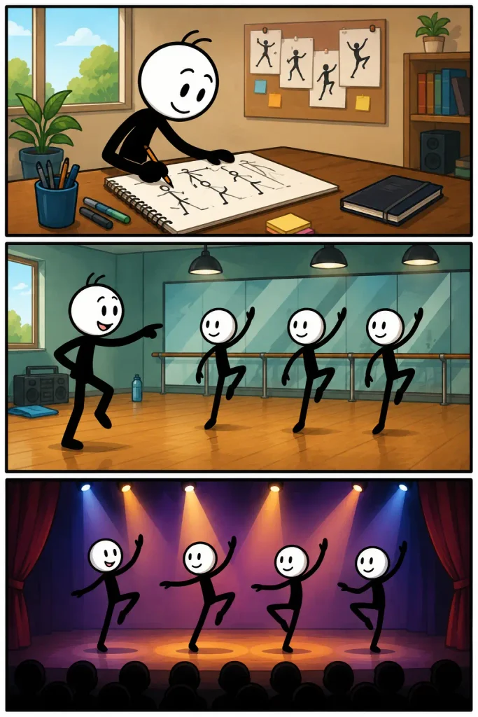 Choreografie wordt bedacht op papier, vervolgens gezamenlijk geoefend in een dansstudio en uiteindelijk als complete dansvoorstelling uitgevoerd op een verlicht podium.