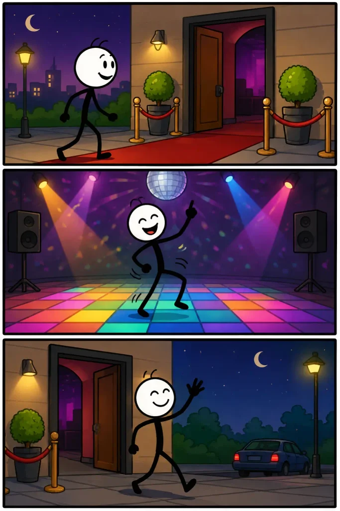 Een kleurrijke strip over Dansavond in drie panelen: aankomen bij een feestlocatie, enthousiast dansen onder discolichten en na afloop tevreden naar huis gaan.