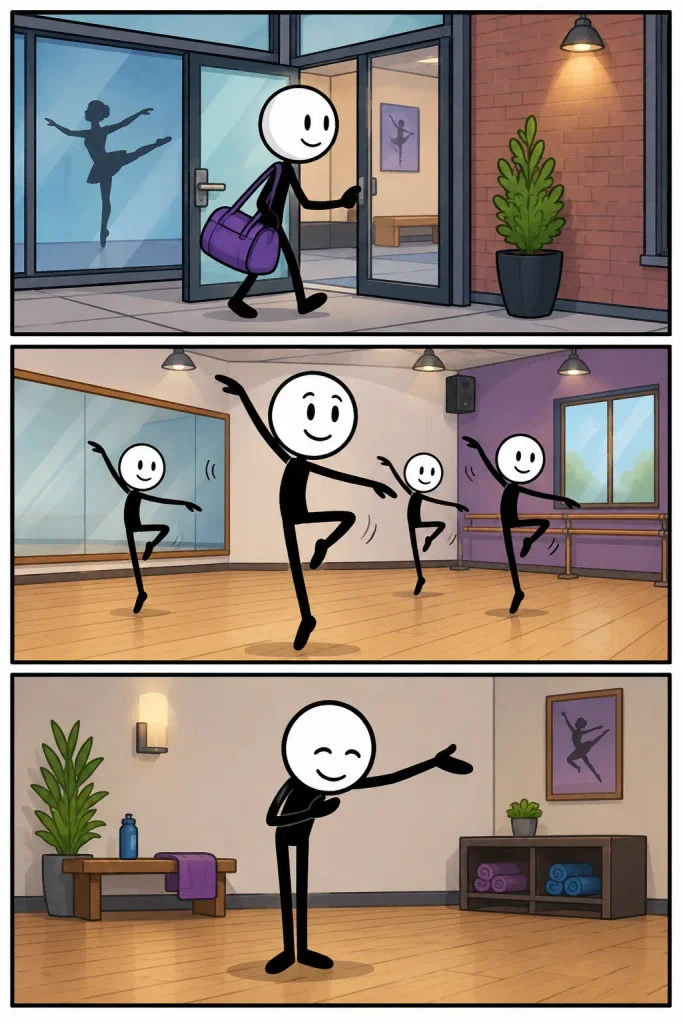Strip over een dansschool waarin een leerling aankomt bij de studio, samen met anderen een dansles volgt en na afloop tevreden afsluit.