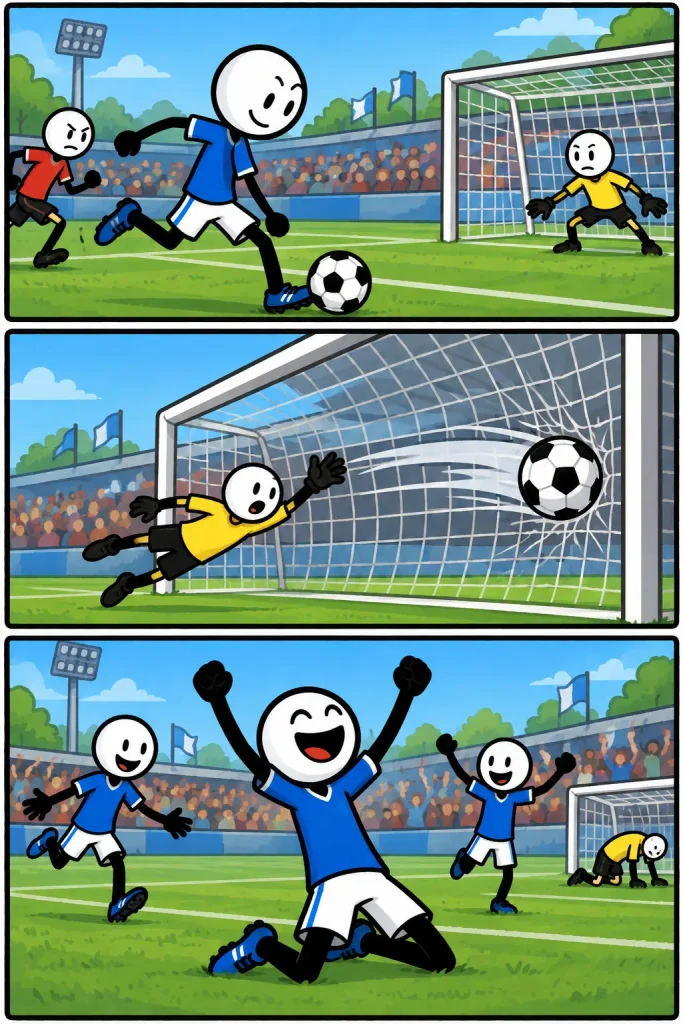 Een kleurrijke strip over een doelpunt tijdens een voetbalwedstrijd. In het eerste paneel rent een vrolijke voetballer in een blauw shirt met de bal richting het doel. Vervolgens schiet hij de bal langs de duikende keeper in het net. In het laatste paneel viert hij zijn doelpunt met een enthousiaste knieschuiver, terwijl zijn teamgenoten en het publiek juichen.