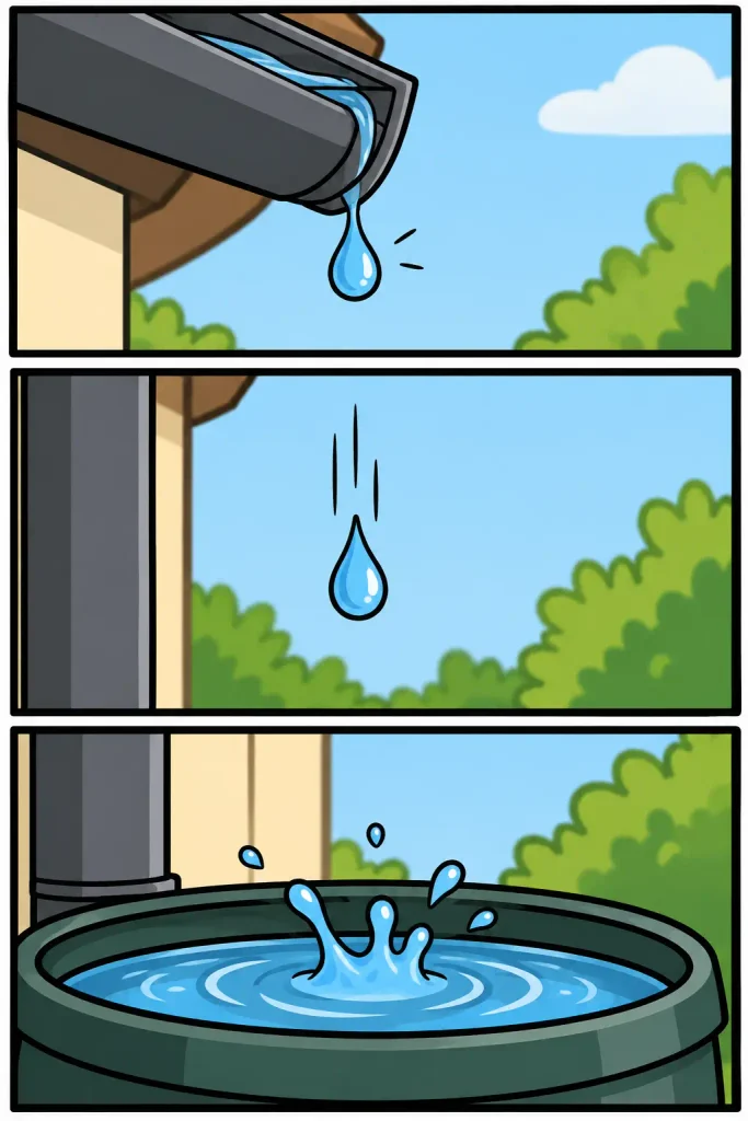 Strip over Druppel waarin een waterdruppel aan een regenpijp ontstaat, naar beneden valt en uiteindelijk met een plons in een regenton terechtkomt.