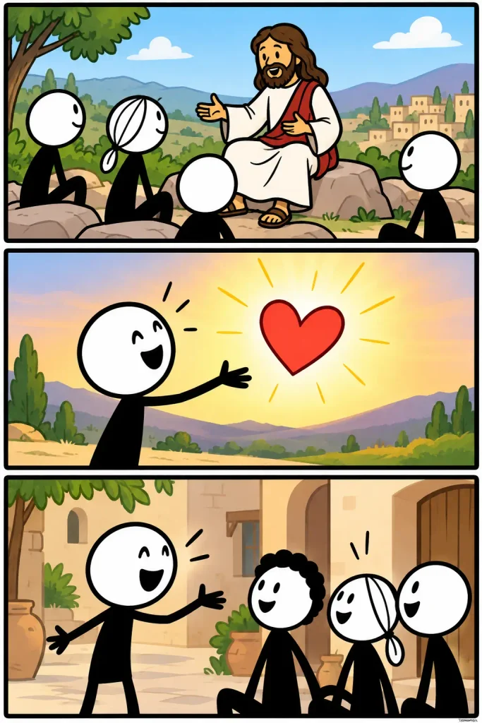 Strip over Evangelie waarin Jezus zijn boodschap deelt met luisteraars, waarna de vreugde en liefde van die boodschap worden ontvangen en enthousiast met anderen worden gedeeld.