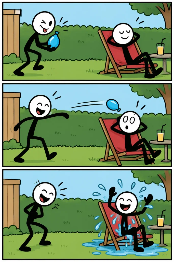 Strip over gein waarin een vrolijke grapjas in een zonnige tuin stiekem een waterballon naar een ontspannen vriend gooit, waarna de ballon uiteenspat en ze samen uitbundig lachen om de geslaagde grap.