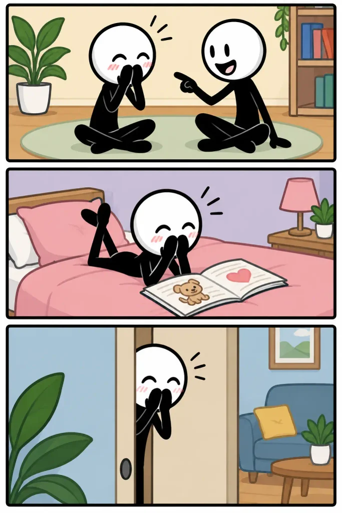 Strip met drie kleurrijke panelen over giechelen: een vrolijk figuurtje probeert lachend zijn mond te bedekken tijdens een grappig moment met een ander, ligt daarna giechelend op bed bij een boek en gluurt ten slotte vrolijk lachend vanachter een deur.